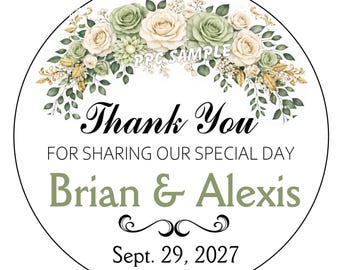 SAGE GOLD and IVORY Flowers Floral Wedding Favors Stickers Thank You Labels - Personalized