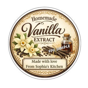 Op de afbeelding: Een rond label met een vintage ontwerp voor zelfgemaakte vanille-extract. Het label toont vanillebloemen, -bonen en een kleine fles. Tekst bevat "Homemade Vanilla Extract" en "Made with love From Sophia's Kitchen."