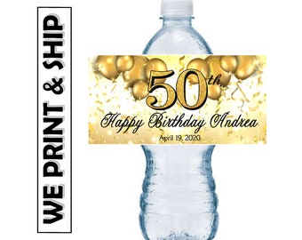Gold 50th Birthday Party Favors Water Bottle Labels Half Wrap Design Glossy