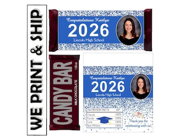 BLUE AND WHITE Graduation Party Favors Chocolate Bar Candy Bar Wrappers Class of 2026