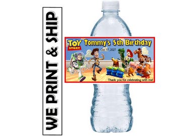 TOY STORY BIRTHDAY Party Favors Water Bottle Labels Half Wrap Design 4 x 2 in. Glossy