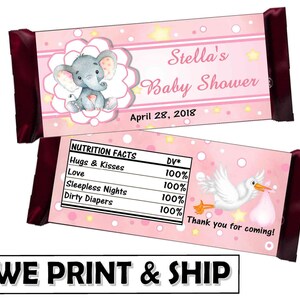 PINK ELEPHANT BABY Shower Favors Chocolate Candy Bar Wrappers for 1.55 oz. solid milk chocolate bar