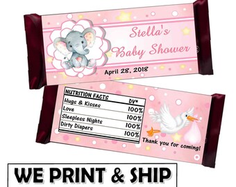 PINK ELEPHANT BABY Shower Favors Chocolate Candy Bar Wrappers for 1.55 oz. solid milk chocolate bar