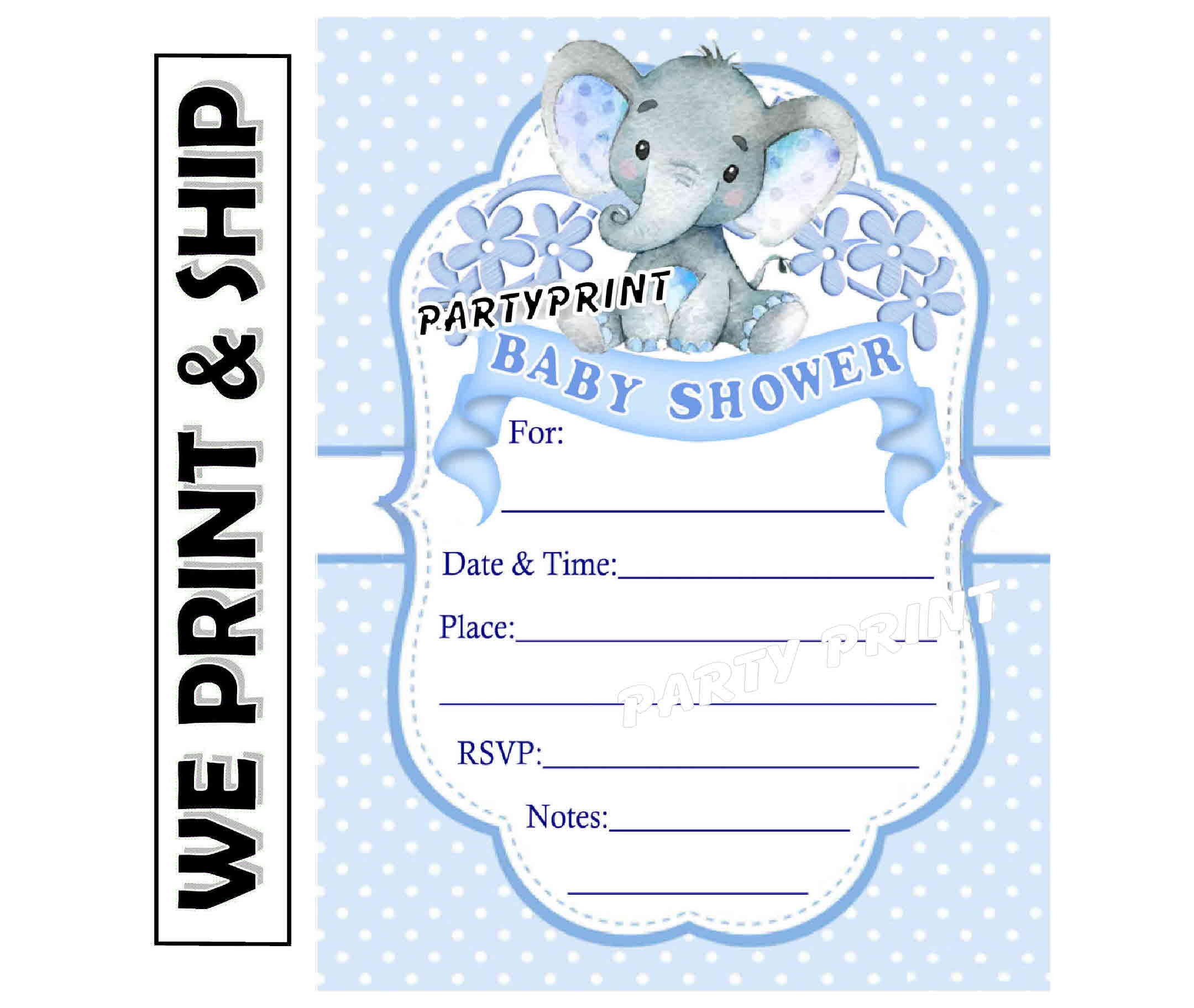 BLUE ELEPHANT BABY Shower Invitations Blank With Envelopes, image size:2160x1824