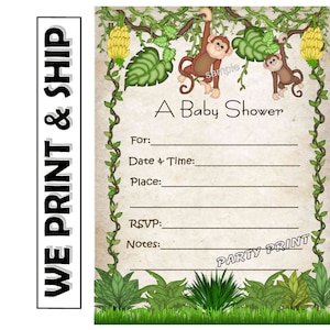 May include: A printable baby shower invitation with a jungle theme. The invitation features two monkeys hanging from vines and a banner that says "A Baby Shower".