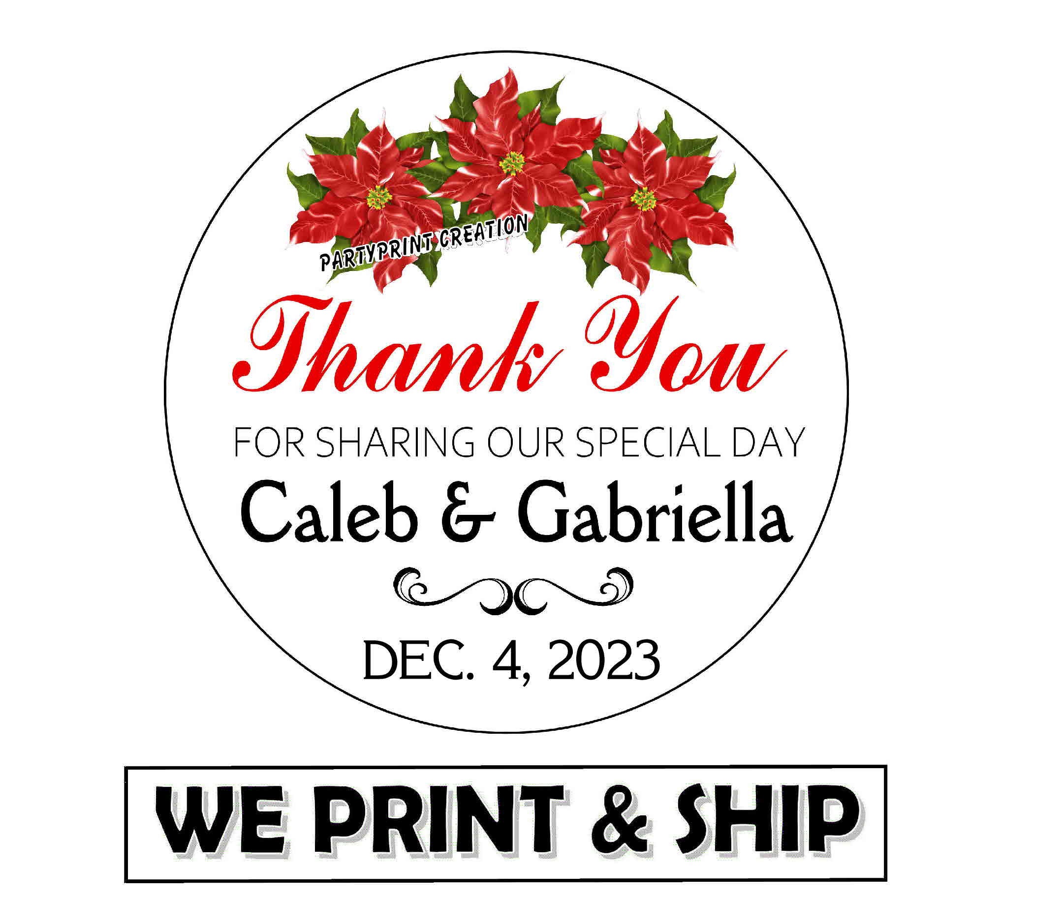 CHRISTMAS POINSETTIAS Floral Wedding Favors Stickers Thank You Labels Personalized