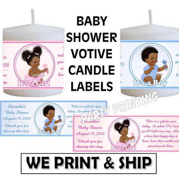 AFRICAN AMERICAN Baby Shower Favors Votive Candle Labels Stickers 4 x 1.3 inches