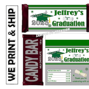 GREEN AND SILVER Graduation Party Favors Chocolate Bar Candy Bar Wrappers Class of 2025