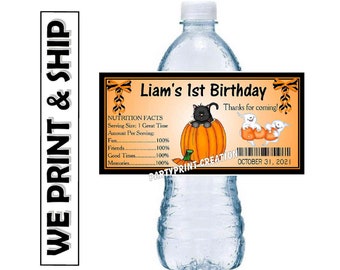 HALLOWEEN Party Favors Water Bottle Labels Glossy pumpkin black cat PERSONALIZED