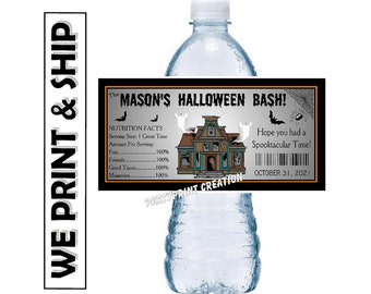 HALLOWEEN Party Favors Water Bottle Labels Glossy Haunted House PERSONALIZED