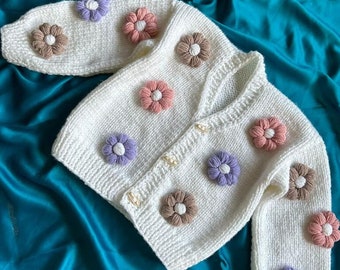 Baby Knitting, Handmade Floral Baby Cardigan, Daisy Kids Cardigan, Knitted Cardigan, Baby Products,Gift, Cardigan For Children