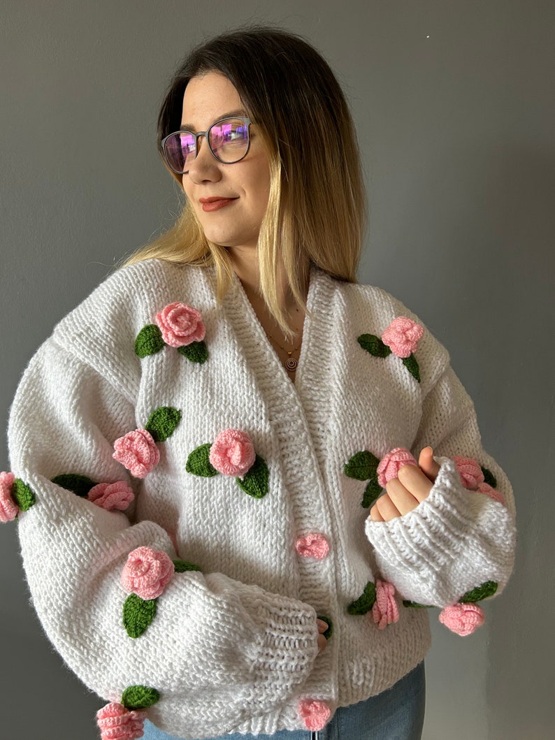 Pink Roses Cardigan , Chunky Cardigan for Woman , White Sweater With