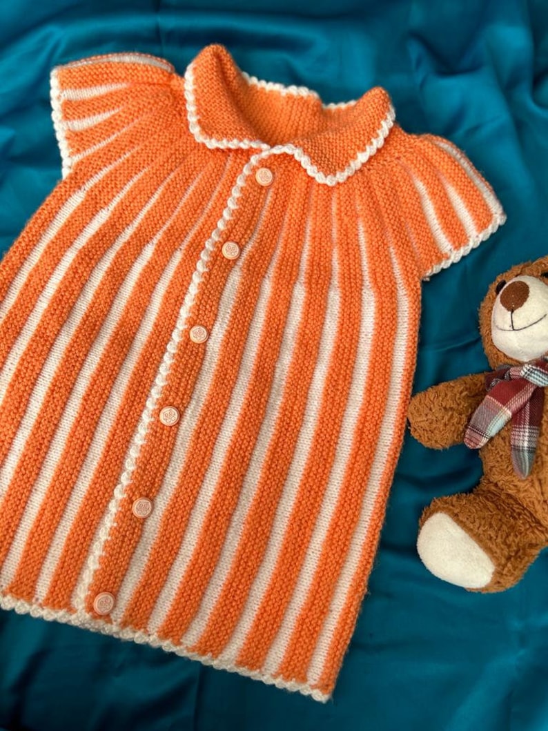 Salmon Baby Girl Dress With Stripe, Hand Knitted Baby Girl Vest With