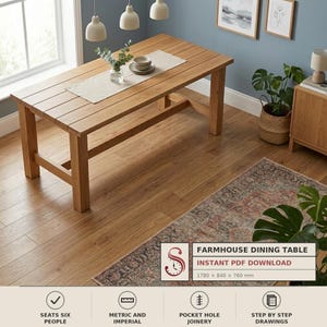 May include: A rectangular wooden dining table with a slatted top design and four sturdy legs. The table features a light wood finish and is presented with a beige table runner, a small glass vase with greenery, and a stack of two small bowls.