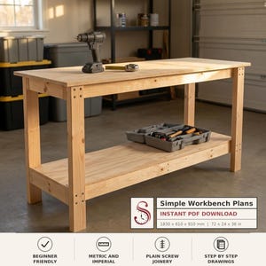 May include: A light-colored wooden workbench with a rectangular top and a lower shelf. On the top surface sits a cordless drill and a measuring tape. A gray plastic tool case rests on the lower shelf. Text reads: Simple Workbench Plans.