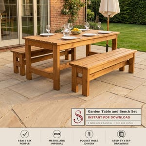 May include: A wooden garden table and bench set featuring a rectangular table with slatted top and two matching benches. The set is arranged on a stone patio with place settings including white plates and glasses. Text reads Garden Table and Bench Set.