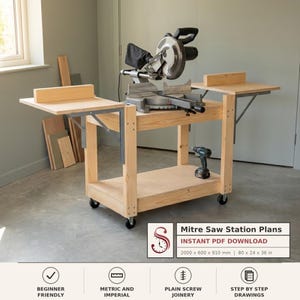 May include: A wooden miter saw station with two folding side wings, four caster wheels, and a lower shelf. A miter saw sits on top, and a cordless drill rests on the shelf. Text reads: Mitre Saw Station Plans, INSTANT PDF DOWNLOAD, 2000 x 600 x 910 mm | 80 x 24 x 36 in.