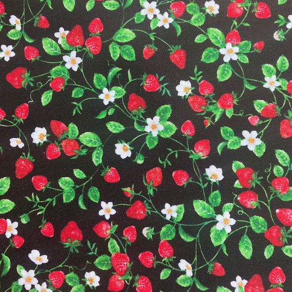 Strawberries and Blossoms Small Print on Vines on Black Order In 1/2 Yd Increments and Larger Pieces Continuous Cut From Bolt