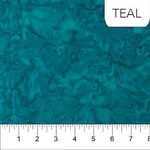 May include: Teal fabric with a marbled pattern. The fabric is a solid teal color with lighter teal swirls and markings. A ruler is at the bottom of the image, with measurements in inches. The word "TEAL" is in a white box in the upper right corner.