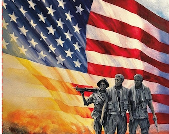 Panneau patriotique 36 x 44 représentant des soldats américains honorant et protégeant notre drapeau et nos libertés depuis 250 ans, du champ de bataille à la gloire flottante.