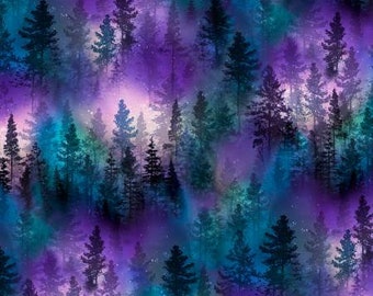 Auora Purple Forest or Northern Lights Aurora Borealis Yardage Seen Thru the Forest From Timeless Treasures in Half Yd Increments