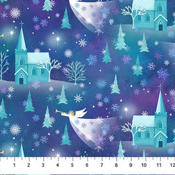 Angels on High and Church Yardage Against a Dark Teal and Violet Night Winter Sky  DP25356-66 from Northcott Sold in Half Yard Increments