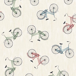 May include: A repeating pattern of bicycles in various colors, including green, red, and blue, against a light beige background. The bicycles are depicted in a whimsical, stylized manner, with their wheels and frames clearly visible.