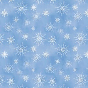 May include: A seamless pattern featuring white snowflakes of varying sizes against a light blue watercolor background. The snowflakes have intricate, detailed designs, creating a winter or holiday theme.