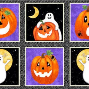 Panel:  Spooky Friends Glow In The Dark Whimsical Halloween 6 Block Panel 24&quot; x 44&quot; with Spiderweb Boarders on Width of Fabric