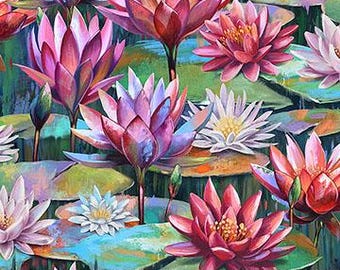 Fleurs de lotus en longueur dans des couleurs tropicales vibrantes DP28423-78 sur fond sombre par Edwards et Samara de Northcott par incréments de 1/2 yard