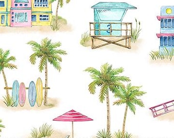 Les images de la plage côtière sont dans des couleurs tropicales sur le sable et le ciel bleu clair de Northcott vendues en 1/2 yards