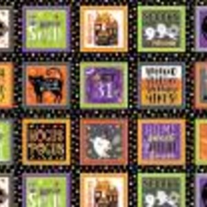 May include: A Halloween-themed fabric panel featuring various square designs with spooky imagery and text. Designs include a black cat, a ghost, a witch's hat, and the phrases "Witch Way?", "Hocus Pocus", and "Boo!"