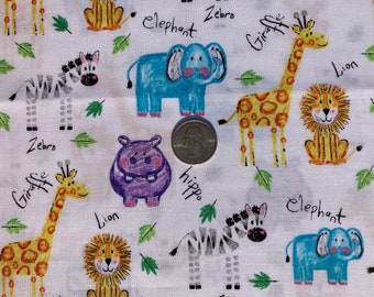 Colorful Friends Animal Drawings on White from Riley Blake, Order in 1/2 Yd Increments, Continuous Cut