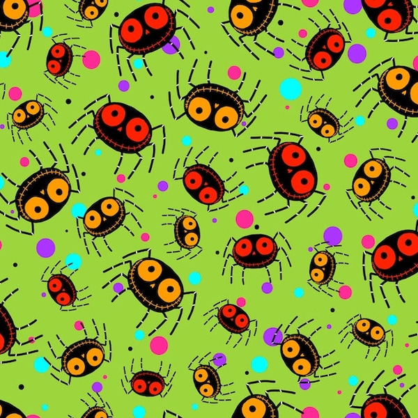Halloweenies Spiders Creepy and Whimsical on Lime by Amanda Haley from QT Fabrics Sold in 1/2 Yd Increments