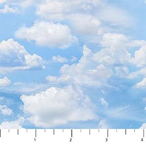 May include: A seamless pattern of a bright blue sky filled with fluffy white clouds. The clouds vary in size and shape, creating a dynamic and airy composition. The fabric design evokes a sense of openness and tranquility.
