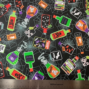 Halloween Potions on Black by Maria Kalingski from Kanas Studio Sold in 1/2 yd Increments with Continuous Cut for Larger Lengths