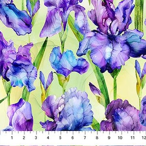May include: Close-up of a fabric with a watercolor floral pattern. The design features large, vibrant purple and blue iris flowers with green stems and leaves against a pale yellow background. A ruler is at the bottom, showing measurements in inches.