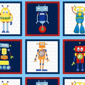 May include: A blue and white fabric with a repeating pattern of robots. The robots are in different colors and designs, including yellow, blue, red, orange, and gray. The fabric has a white background with a blue border.