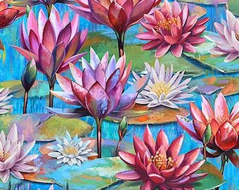 Jardinage de fleurs de lotus aux couleurs tropicales vibrantes DP28423-44 contre l'eau bleu moyen par Edwards-Samara de Northcott par incréments de 1/2 yard