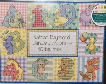 Dimensions Zoo Alphabet Birth Record Cross Stitch Kit - Personalized Baby Keepsake With Animals, Letters, Numbers