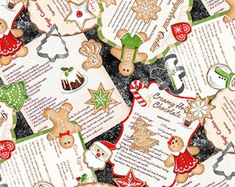 May include: A black and white fabric with a repeating pattern of vintage-style Christmas cookie recipes and cookie cutters. The recipes include "Sugar Cookies", "Gingerbread Cookies", and "Creamy Hot Chocolate".