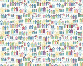 Mini impression de cabanes de plage côtières par beau temps dans des couleurs tropicales par Riley Blake vendue 1/2 m