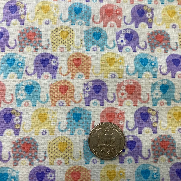 Elephants Print in Blue, Pink, Yellow, Purple from Timeless Treasures, Cotton Sold in Half Yard Increments, Continuous Cut
