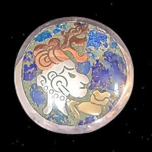 Vintage Los Ballesteros Taxco sterlingzilver verpletterd azuriet en malachiet tri-metaal Maya-inlegwerk hanger/broche (ca. 1940)