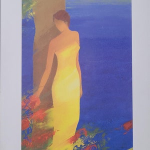 May include: A painting of a woman in a yellow dress standing in front of a blue body of water. The woman is standing near a tree and there are red flowers in the foreground.