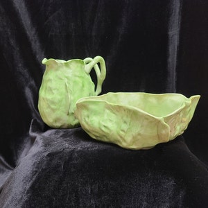 Scarce Antique Wannopee Lettuce leaf Majolica Pitcher and Bowl (C. 1901-1903)