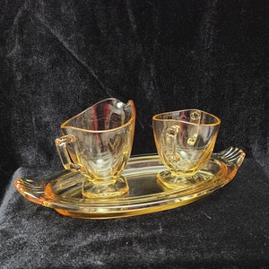 Fostoria Topaz Federal Depression Glass Creamer, Sugar Bowl, and Tray (c.1930s)