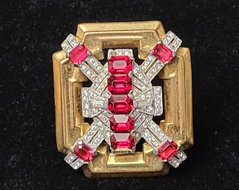 Vintage McClelland Barclay Art Deco Rhinestone Brass Brooch Pin (c.1930s)