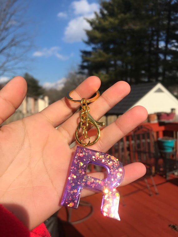 Custom Handmade Purple Resin Letter Keychain With Gold Glitter