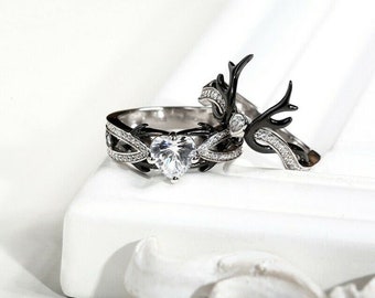 Beautiful Deer Antler Wedding Engagement Ring Set In Sterling Silver, Heart Shape Diamond 2 Psc. Silver Ring Set For Women